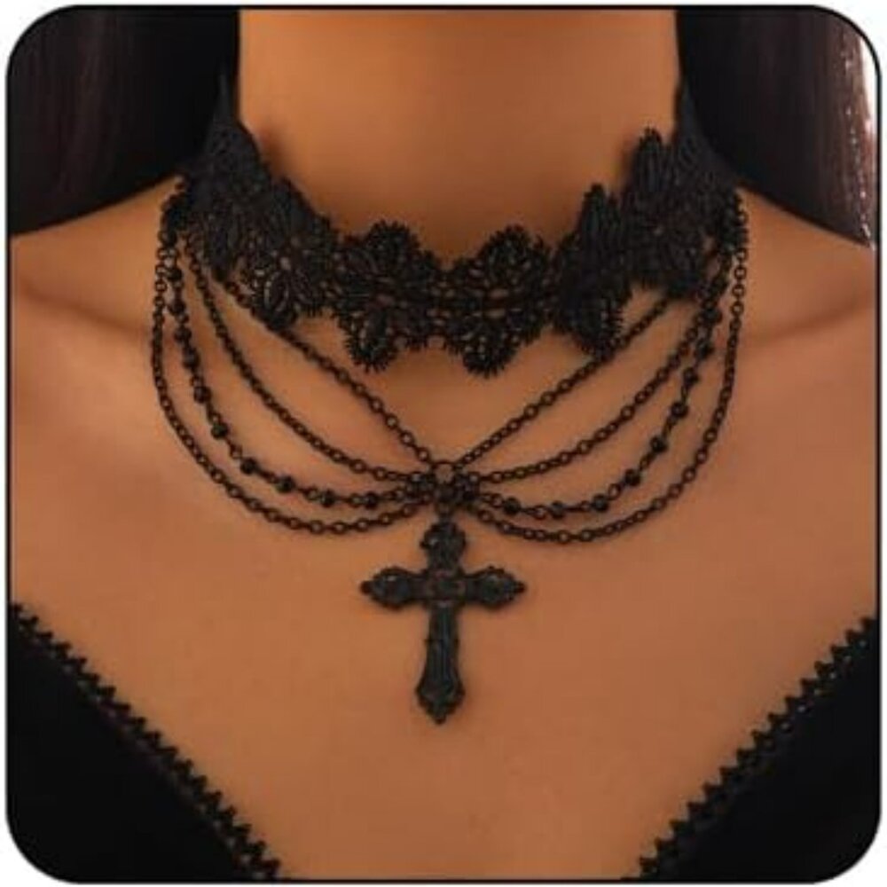 Black Gothic Lace Choker Necklace‎ Women Goth Pendant Necklace Cross
